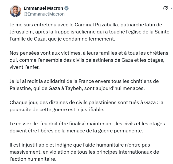 Le président français: De Gaza à Taybeh, les chrétiens font face à une menace existentielle.